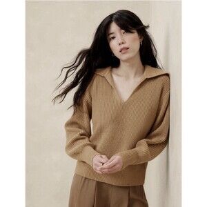 Banana Republic Womens Medium Johnny Collar Knit Sweater Camel Ribbed V-Neck